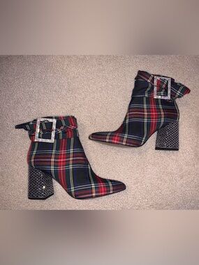 BETSEY JOHNSON Tartan Plaid Ankle Boots with Rhinestones